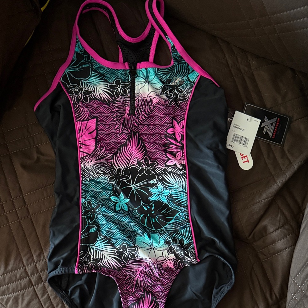 ZeroXposur Black Swimsuit with Pink and Teal Floral Design